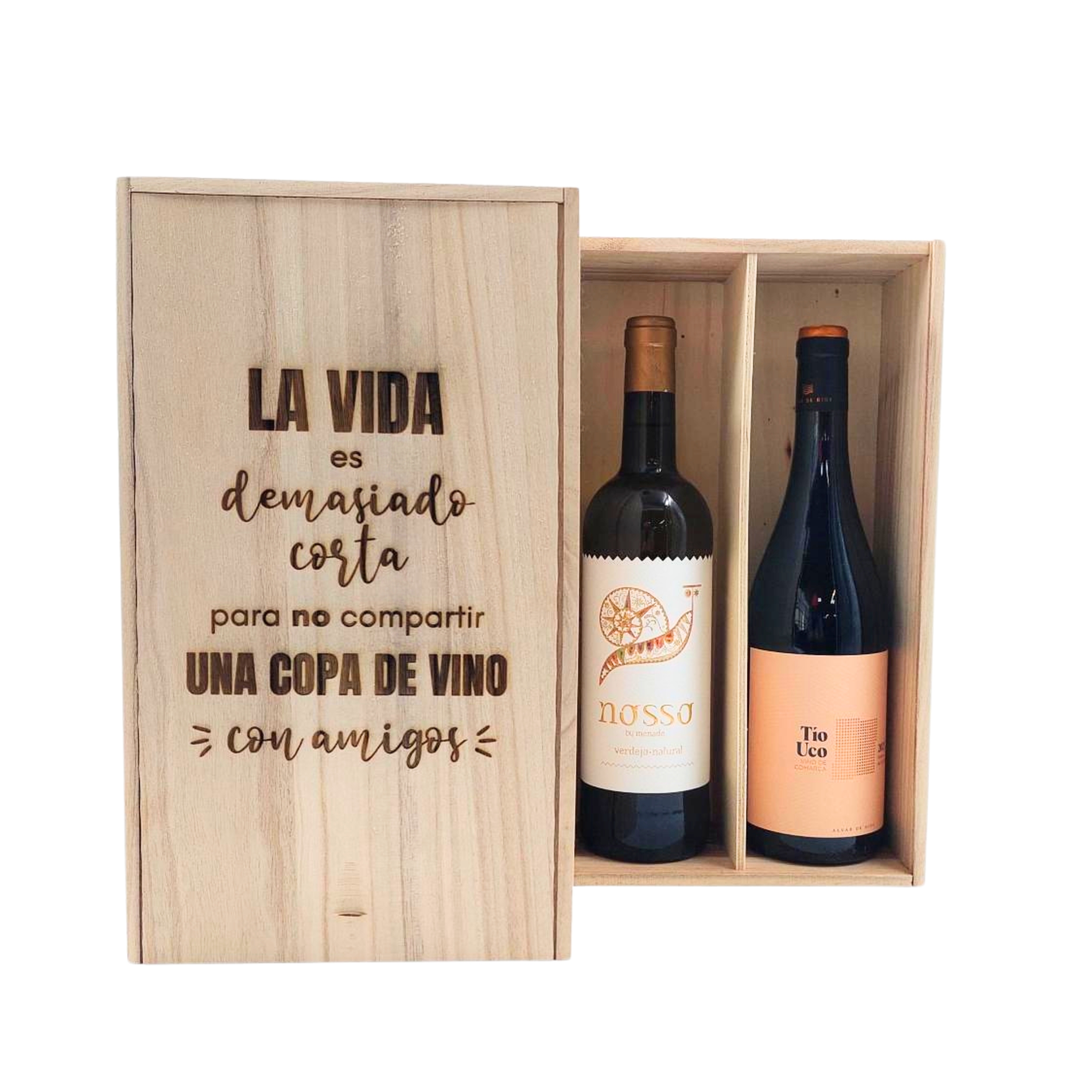 Caja Vino con Diseño Personalizado y dos botellas de vino tinto con la frase la vida es demasiado corta como para no compartir una copa de vino con amigos image number null